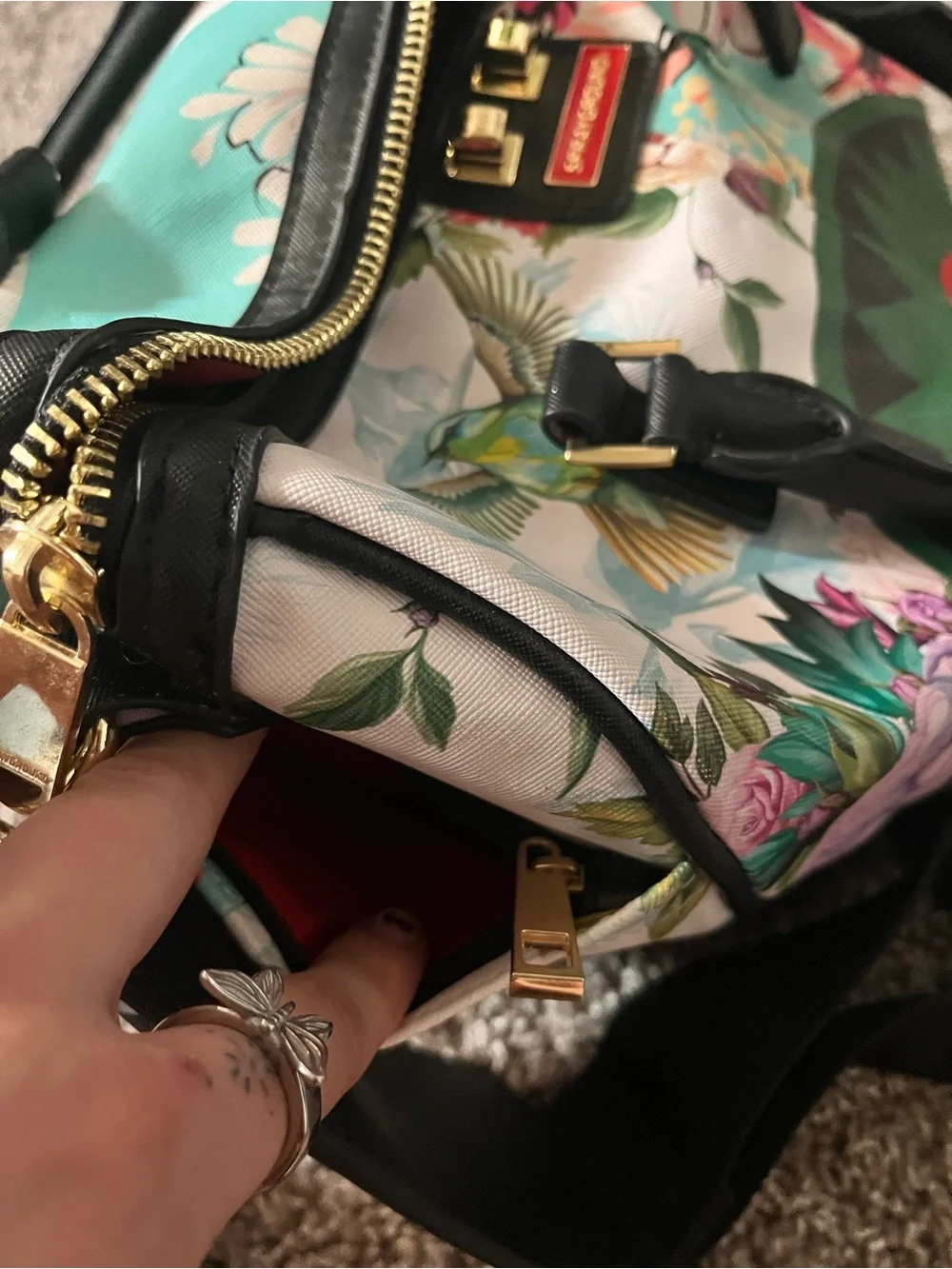Sprayground Floral Shark Satchel in Teal, Black, Pink